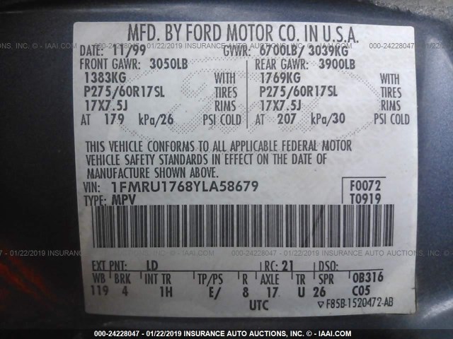 1FMRU1768YLA58679 - 2000 FORD EXPEDITION EDDIE BAUER BLUE photo 9