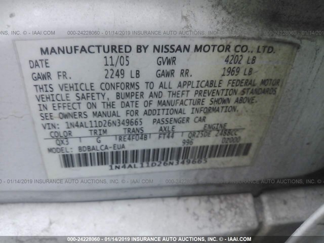 1N4AL11D26N349665 - 2006 NISSAN ALTIMA S/SL WHITE photo 9