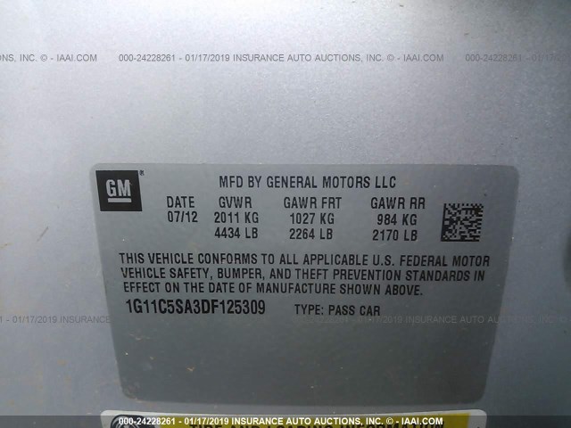 1G11C5SA3DF125309 - 2013 CHEVROLET MALIBU 1LT ვერცხლისფერი ფოტო 9