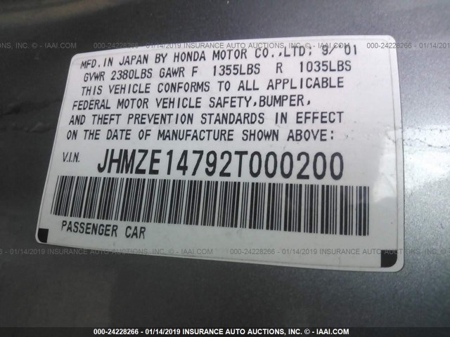 JHMZE14792T000200 - 2002 HONDA INSIGHT SILVER photo 9