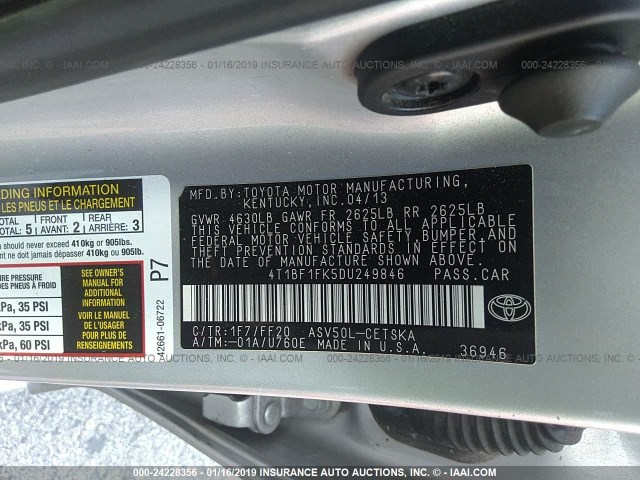 4T1BF1FK5DU249846 - 2013 TOYOTA CAMRY L/SE/LE/XLE SILVER photo 9