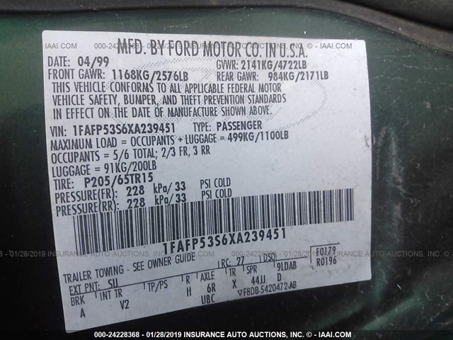 1FAFP53S6XA239451 - 1999 FORD TAURUS SE/COMFORT/SPORT GREEN photo 9