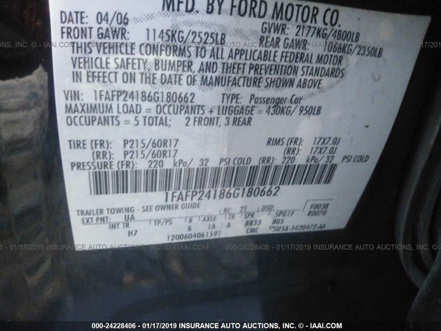 1FAFP24186G180662 - 2006 FORD FIVE HUNDRED SEL BLACK photo 9