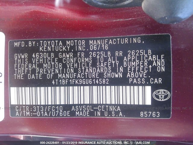 4T1BF1FK9GU614582 - 2016 TOYOTA CAMRY LE/XLE/SE/XSE წითელი ფოტო 9