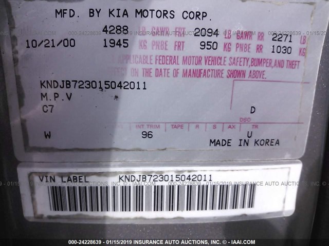 KNDJB723015042011 - 2001 KIA SPORTAGE GRAY photo 9