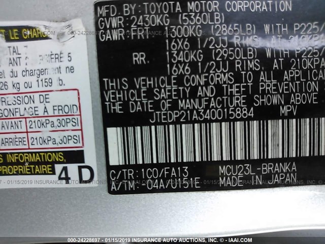 JTEDP21A340015884 - 2004 TOYOTA HIGHLANDER LIMITED SILVER photo 9