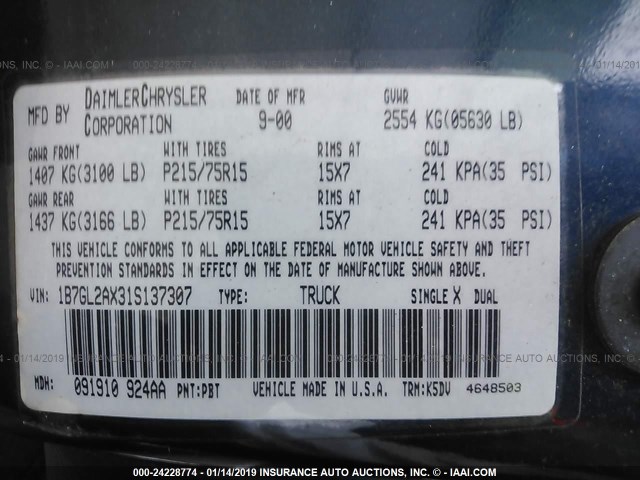 1B7GL2AX31S137307 - 2001 DODGE DAKOTA QUAD BLUE photo 9