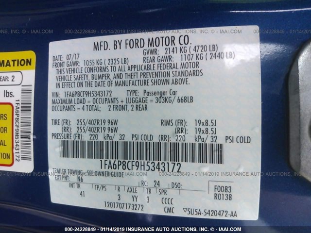 1FA6P8CF9H5343172 - 2017 FORD MUSTANG GT BLUE photo 9