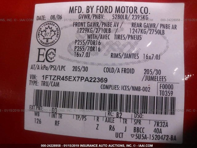 1FTZR45EX7PA22369 - 2007 FORD RANGER RED photo 9