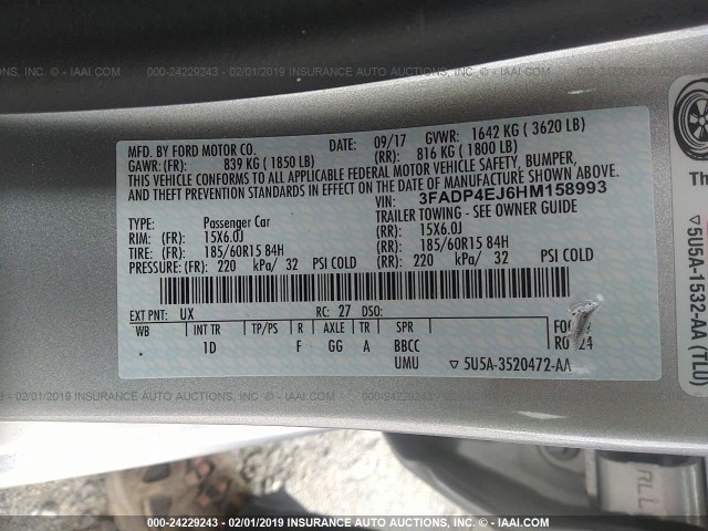 3FADP4EJ6HM158993 - 2017 FORD FIESTA SE SILVER photo 9