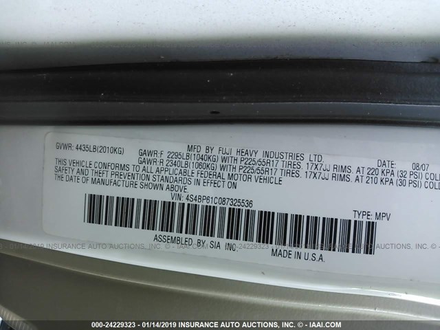 4S4BP61C087325536 - 2008 SUBARU OUTBACK 2.5I WHITE photo 9