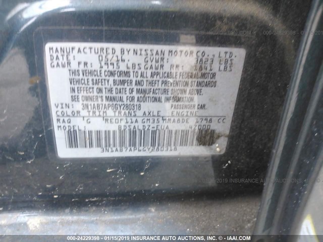 3N1AB7AP6GY280318 - 2016 NISSAN SENTRA S/SV/SR/SL BLUE photo 9