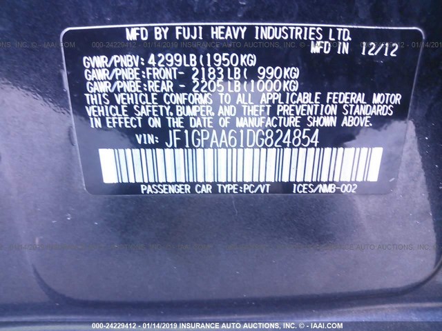 JF1GPAA61DG824854 - 2013 SUBARU IMPREZA GRAY photo 9