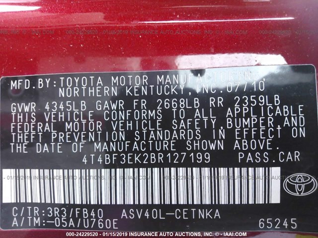 4T4BF3EK2BR127199 - 2011 TOYOTA CAMRY SE/LE/XLE 红色 照片 9
