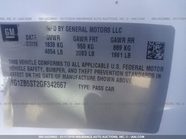 1G1ZB5ST2GF342667 - 2016 CHEVROLET MALIBU LS WHITE photo 9