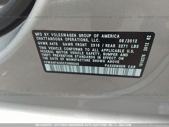 1VWAH7A32CC089343 - 2012 VOLKSWAGEN PASSAT S GRAY photo 9