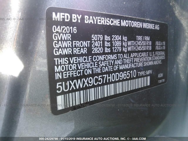 5UXWX9C57H0D96510 - 2017 BMW X3 XDRIVE28I GRAY photo 9