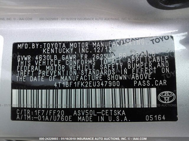 4T1BF1FK2EU347900 - 2014 TOYOTA CAMRY L/SE/LE/XLE 银色 照片 9