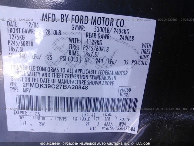 2FMDK39C27BA28848 - 2007 FORD EDGE SEL PLUS BLACK photo 9