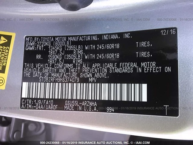 5TDBZRFH9HS374079 - 2017 TOYOTA HIGHLANDER LE/LE PLUS SILVER photo 9