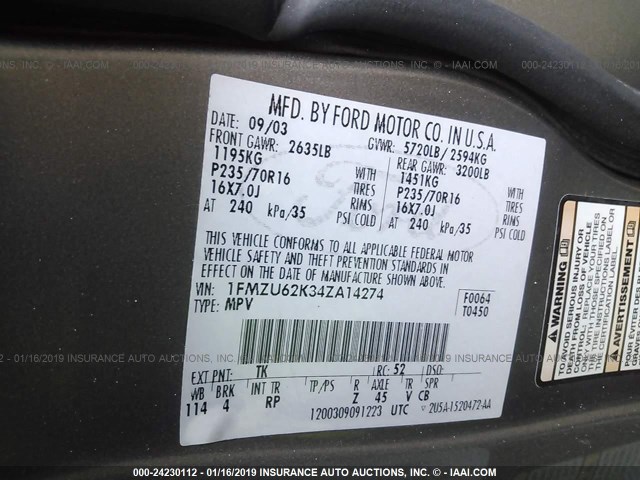 1FMZU62K34ZA14274 - 2004 FORD EXPLORER XLS/XLS SPORT 棕色 照片 9