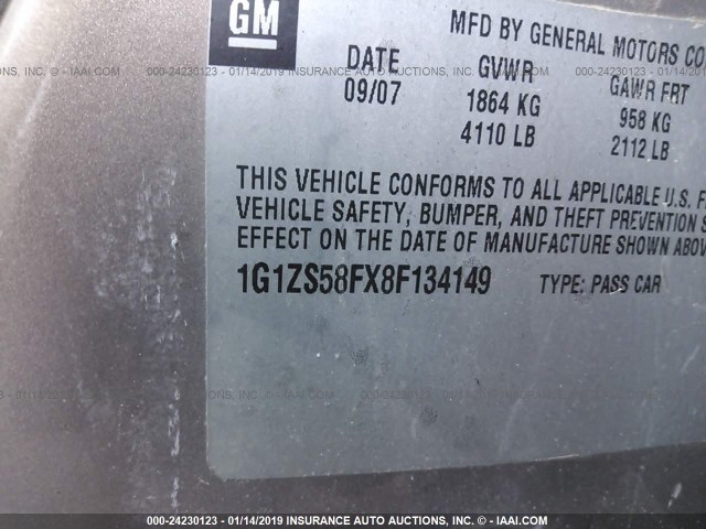 1G1ZS58FX8F134149 - 2008 CHEVROLET MALIBU LS TAN photo 9