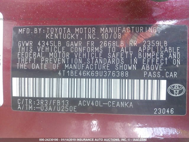 4T1BE46K69U376388 - 2009 TOYOTA CAMRY SE/LE/XLE 红色 照片 9