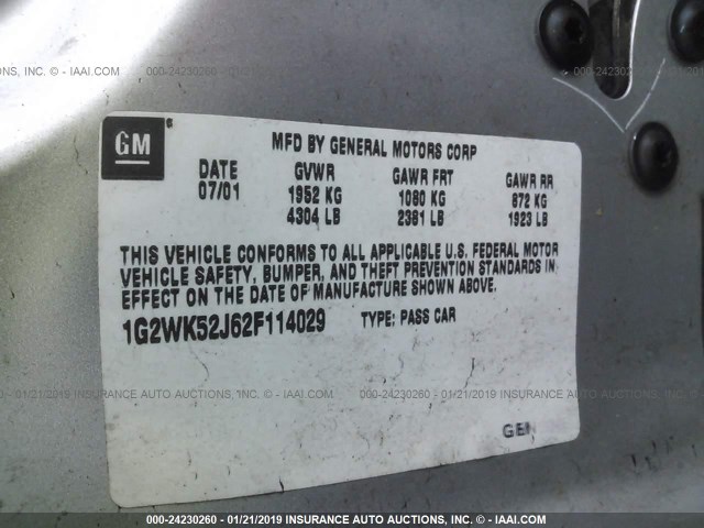 1G2WK52J62F114029 - 2002 PONTIAC GRAND PRIX SE SILVER photo 9