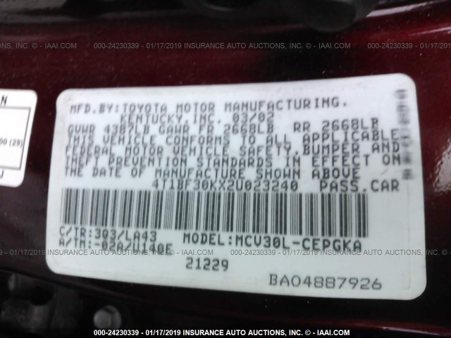 4T1BF30KX2U023240 - 2002 TOYOTA CAMRY LE/XLE/SE MAROON photo 9