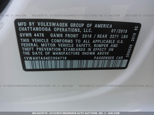 1VWAH7A34EC004716 - 2014 VOLKSWAGEN PASSAT S WHITE photo 9