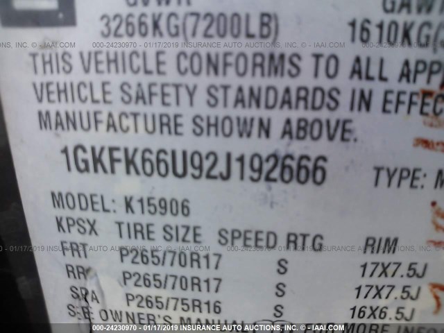 1GKFK66U92J192666 - 2002 GMC DENALI XL K1500 BLACK photo 9