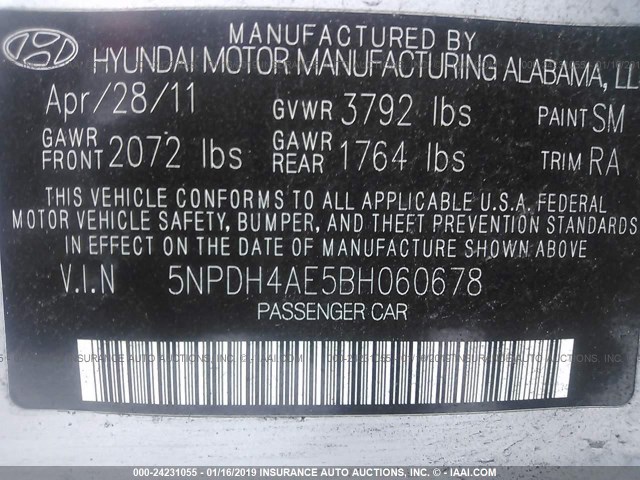 5NPDH4AE5BH060678 - 2011 HYUNDAI ELANTRA GLS/LIMITED SILVER photo 9