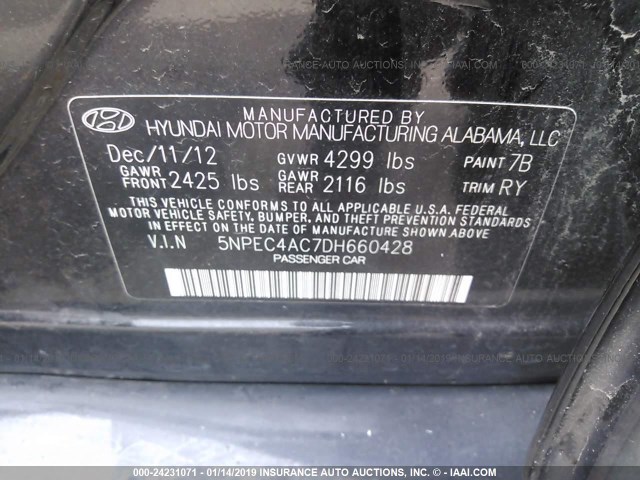 5NPEC4AC7DH660428 - 2013 HYUNDAI SONATA SE/LIMITED BLACK photo 9