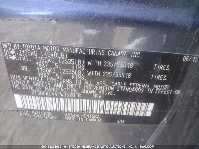 2T3DFREV4FW352818 - 2015 TOYOTA RAV4 LIMITED GRAY photo 9