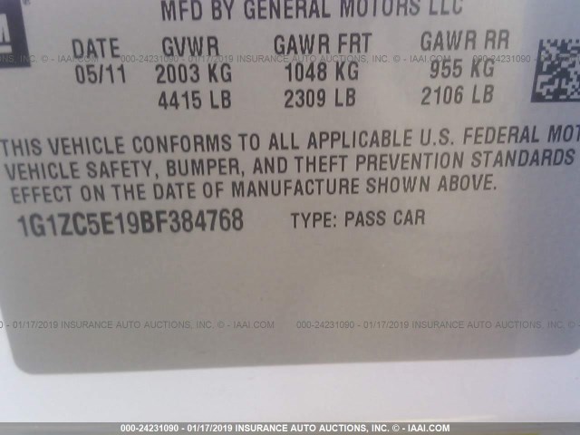 1G1ZC5E19BF384768 - 2011 CHEVROLET MALIBU 1LT თეთრი ფოტო 9