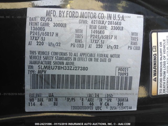 5LMEU78H33ZJ27380 - 2003 LINCOLN AVIATOR 黑色 照片 9