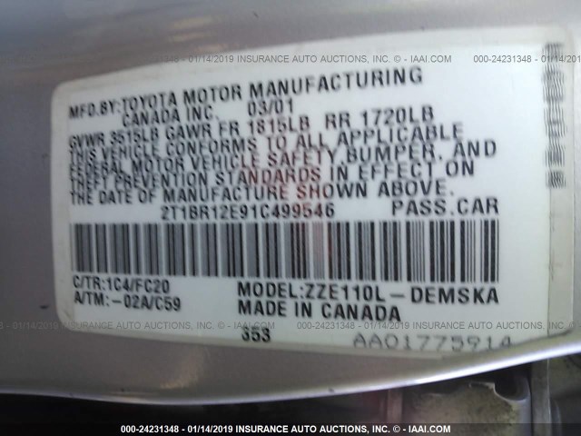 2T1BR12E91C499546 - 2001 TOYOTA COROLLA CE/LE/S ვერცხლისფერი ფოტო 9