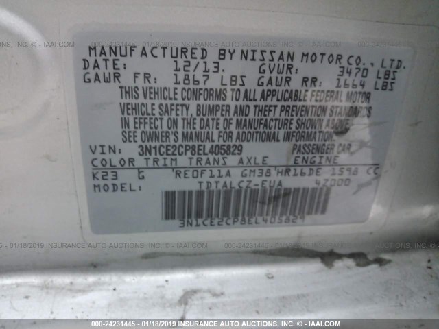 3N1CE2CP8EL405829 - 2014 NISSAN VERSA NOTE S/S PLUS/SV/SL SILVER photo 9