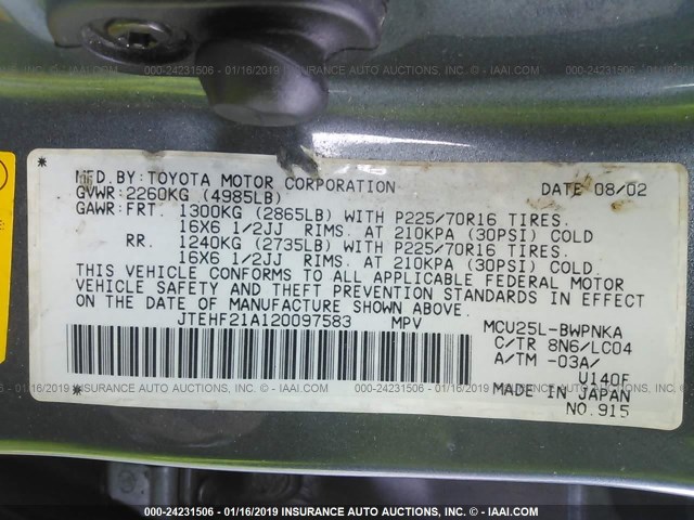 JTEHF21A120097583 - 2002 TOYOTA HIGHLANDER LIMITED BLUE photo 9