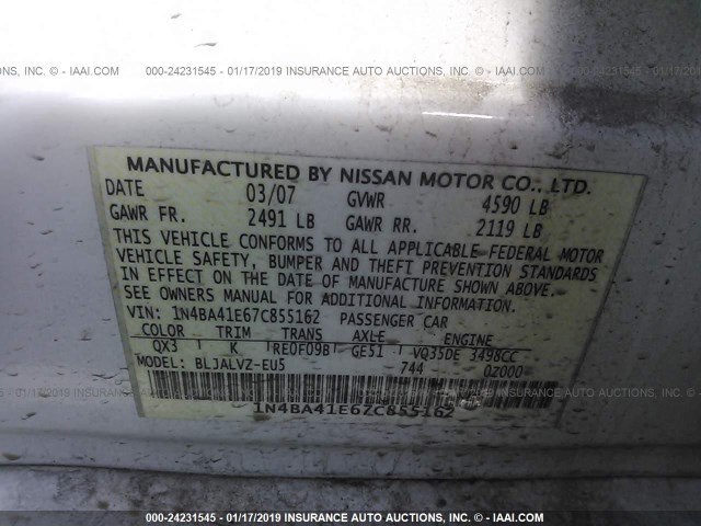 1N4BA41E67C855162 - 2007 NISSAN MAXIMA SE/SL WHITE photo 9