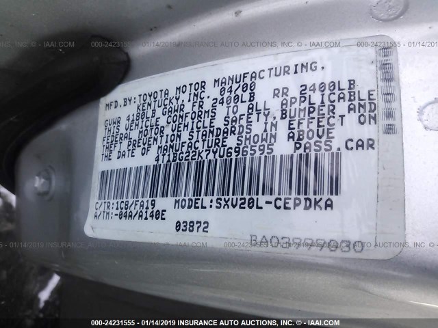 4T1BG22K7YU696595 - 2000 TOYOTA CAMRY CE/LE/XLE 银色 照片 9