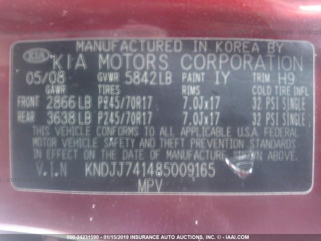 KNDJJ741485009165 - 2009 KIA BORREGO LX/EX BURGUNDY photo 9