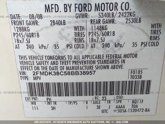 2FMDK38C58BB38957 - 2008 FORD EDGE SEL YELLOW photo 9