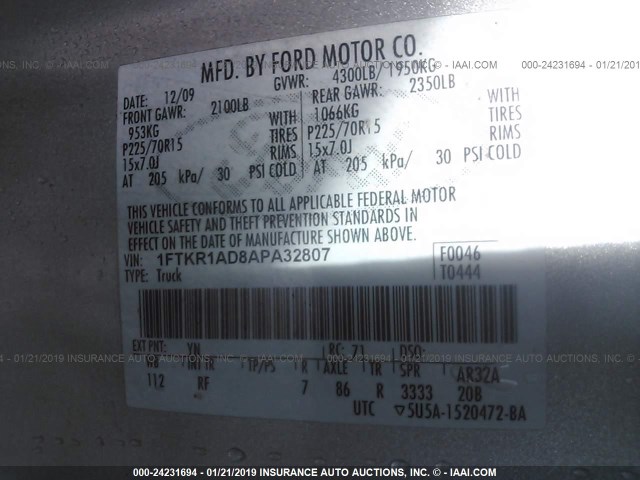 1FTKR1AD8APA32807 - 2010 FORD RANGER GRAY photo 9