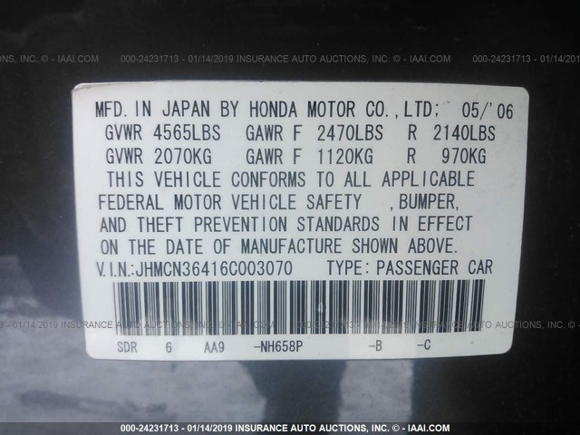 JHMCN36416C003070 - 2006 HONDA ACCORD HYBRID GRAY photo 9