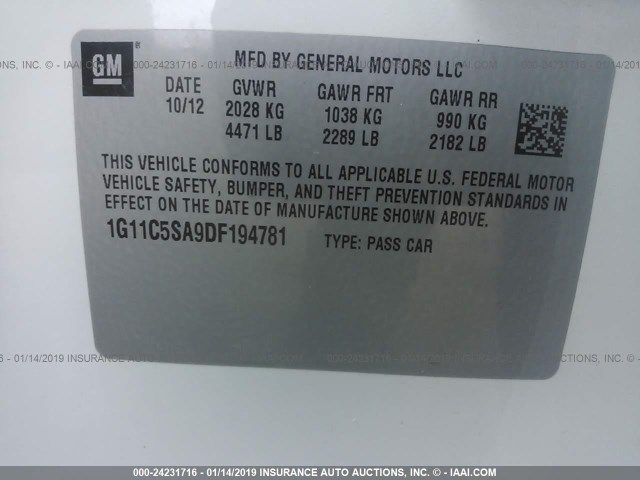 1G11C5SA9DF194781 - 2013 CHEVROLET MALIBU 1LT თეთრი ფოტო 9