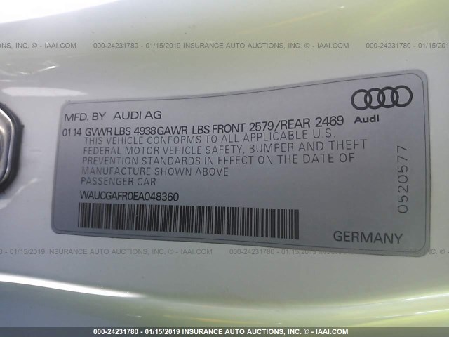 WAUCGAFR0EA048360 - 2014 AUDI S5 PREMIUM PLUS WHITE photo 9