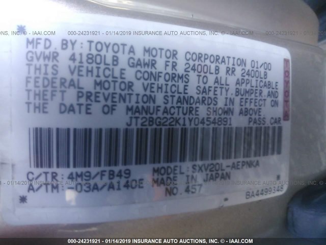 JT2BG22K1Y0454891 - 2000 TOYOTA CAMRY CE/LE/XLE 香槟色 照片 9