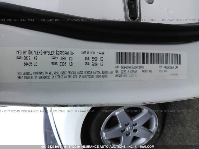 1B3HB78K27D243440 - 2007 DODGE CALIBER R/T WHITE photo 9