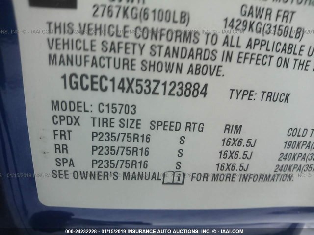 1GCEC14X53Z123884 - 2003 CHEVROLET SILVERADO C1500 BLUE photo 9